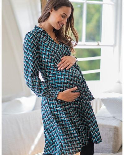 Seraphine Teal Maternity & Nursing Shirt Dress - Blue