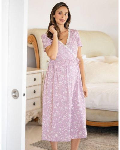 Seraphine Lilac Floral Print Maternity To Nursing Wrap Nightdress With Lace Trim - Pink