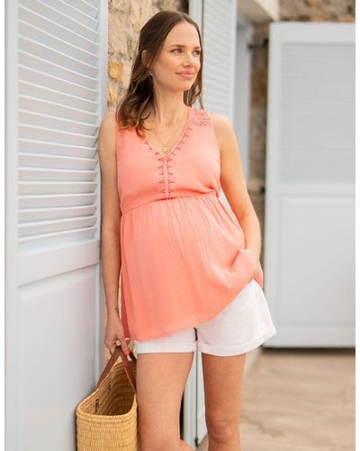 Seraphine Coral Embroidered Maternity & Nursing Top - Pink