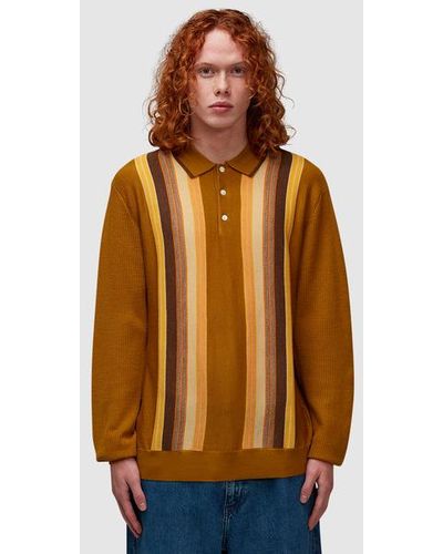 Beams Plus Stripe Long Sleeve Polo Shirt - Brown