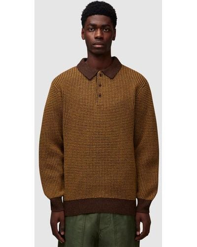 Beams Plus Crochet Knit Long Sleeve Polo Shirt - Brown