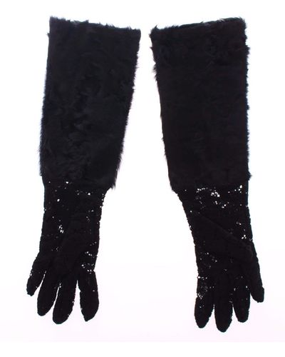 Dolce & Gabbana Wool Lace & Lamb Fur Elbow Gloves - Black
