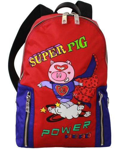 Dolce & Gabbana Nylon Multicolour Super Pig Print School Bag - Red
