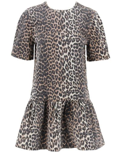 Ganni Leopard Print Denim Mini Dress - Black