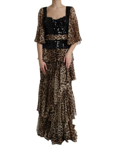 Dolce & Gabbana Brown Leopard Sequined Tiered Long Gown Dress - Multicolour