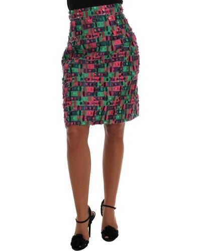 Dolce & Gabbana Pink Green Jacquard Pencil Skirt - Black