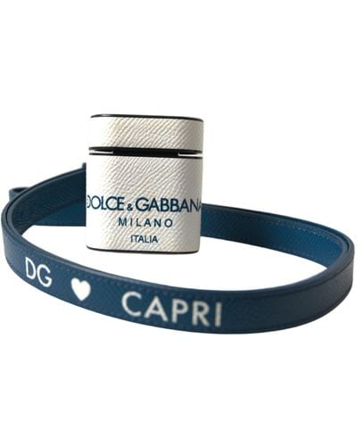 Dolce & Gabbana Calf Leather Logo Print Strap Airpods Case - Blue