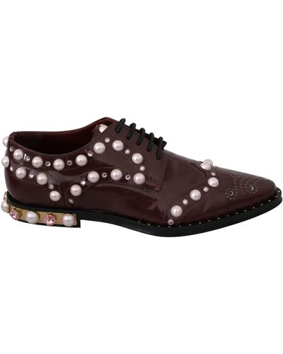 Dolce & Gabbana Elegant Bordeaux Lace-Up Flats With Pearls And Crystals - Multicolour