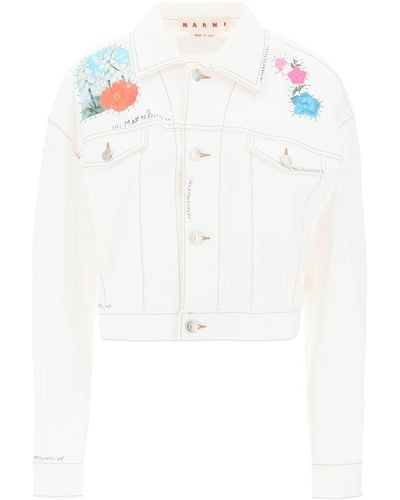 Marni "Cropped Denim Jacket With Flower Patches And Embroidery" - White
