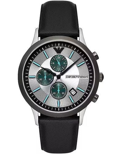 Emporio Armani Leather And Steel Chronograph Watch - Black