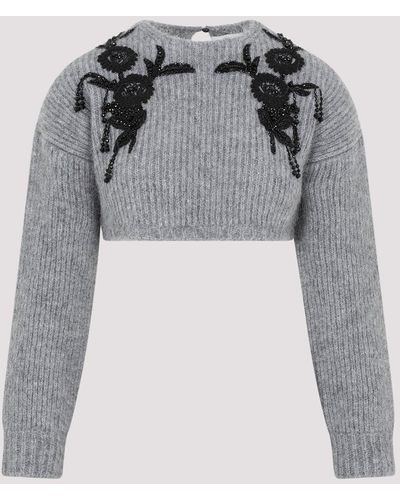Erdem Grey Melange Cropped Long Sleeve Knit Alpaca Jumper