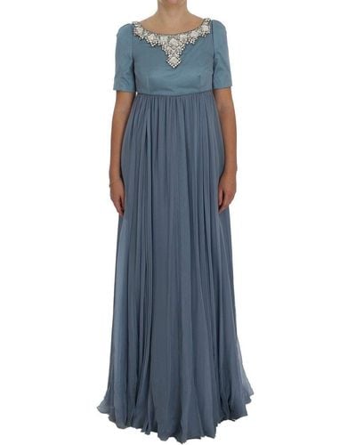 Dolce & Gabbana Silk Crystal Sheath Gown Ball Dress - Blue