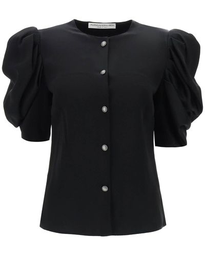 Alessandra Rich Envers Satin Blouse With Bouffant Sleeves - Black