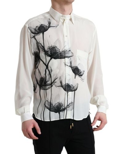 Dolce & Gabbana White Floral Collared Dress Silk Shirt - Grey