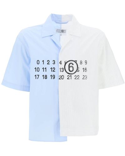 MM6 by Maison Martin Margiela Short Sleeved Shirt With Numerical Graphic Splice - Blue