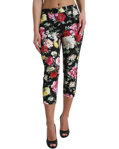 Dolce & Gabbana Black Floral Print Mid Waist Cropped Trousers