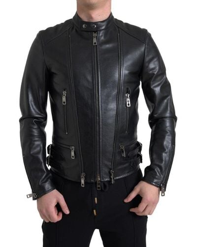 Dolce & Gabbana Black Leather Zipper Coatjacket