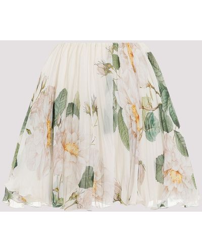 Giambattista Valli Ivory Green Magnolia Print Silk Mini Skirt - White
