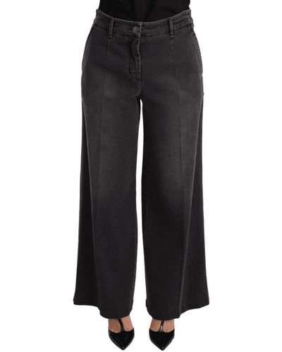 Dolce & Gabbana Grey Washed Mid Waist Wide Leg Denim Jeans - Black