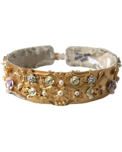 Dolce & Gabbana Gold Brass Faux Pearl Floral Embellished Belt - Natural