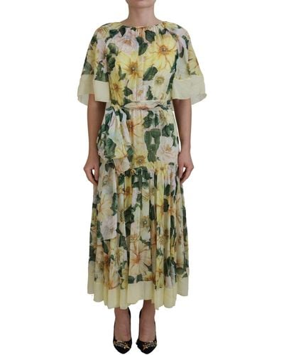 Dolce & Gabbana Yellow Floral Print Pleated Maxi Silk Dress - Green