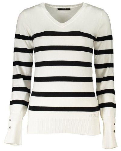 Guess Chic V-Neck Striped Sweater With Logo Embroidery - White