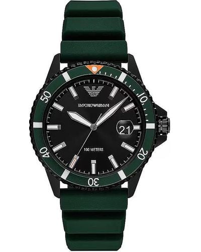 Emporio Armani Green Silicone And Steel Quartz Watch - Black