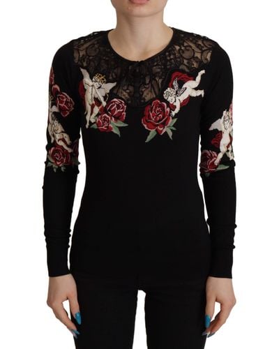 Dolce & Gabbana Black Silk Knit Roses Angel Pullover Sweater
