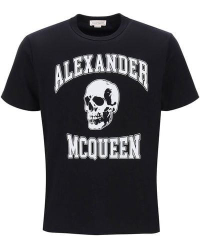 Alexander McQueen T-shirt With Varsity Logo And Skull Print - Black