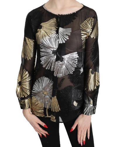 DSquared² Gold Silver Silk Jacquard See Through Top Blouse - Black