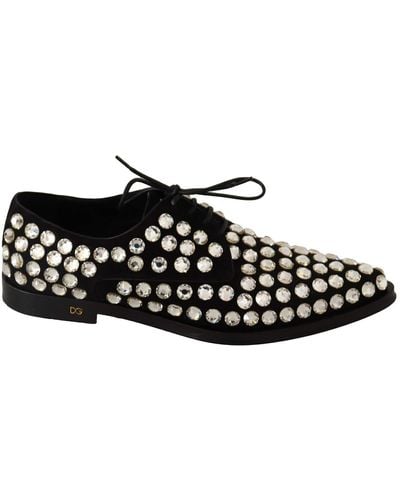 Dolce & Gabbana Black Leather Crystals Lace Up Formal Shoes