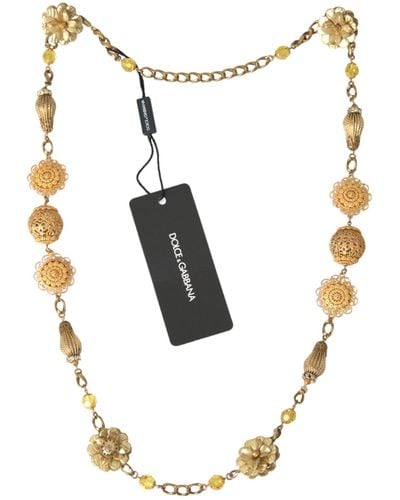 Dolce & Gabbana Crystal Flower Filigree Brass Statement Necklace - White