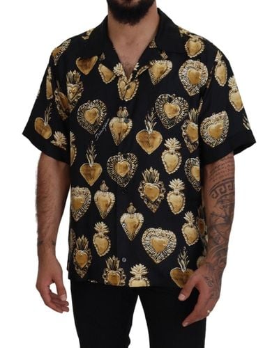 Dolce & Gabbana Gold Heart Short Sleeve Silk Satin Shirt - Black