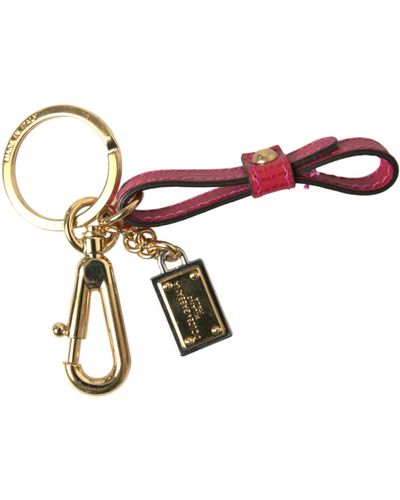 Dolce & Gabbana Red Calf Leather Gold Metal Logo Plaque Keyring Keychain - Multicolour
