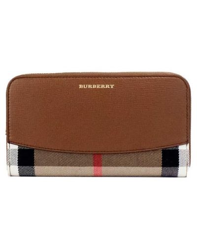 Burberry Elmore Tan Grainy Leather House Check Canvas Continental Clutch Wallet - Brown