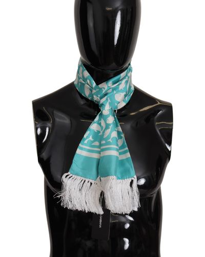 Dolce & Gabbana Blue Whale Printed Shawl Wrap Fringe Silk Teal Scarf - Black