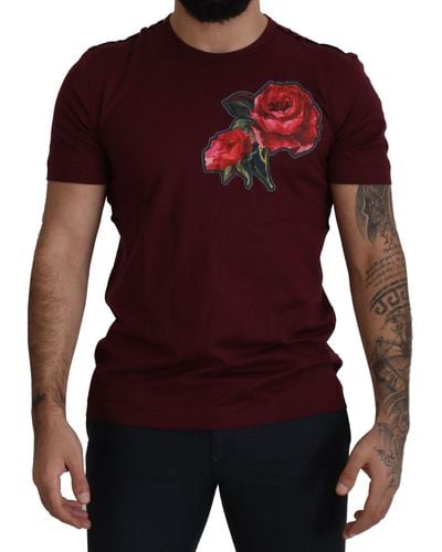 Dolce & Gabbana Bordeaux Roses Cotton Crewneck T-shirt - Red