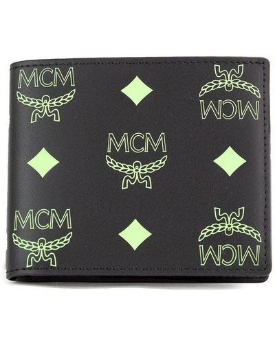 MCM Small Summer Smooth Visetos Monogram Logo Leather Bifold Wallet - Black