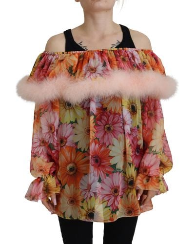 Dolce & Gabbana Multicolor Floral Fur Shearling Blouse Top - Red