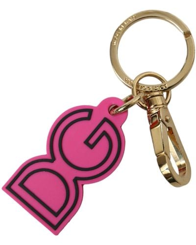 Dolce & Gabbana Pink Rubber Gold Tone Metal Dg Logo Keyring Keychain