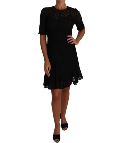 Dolce & Gabbana Dolce Gabbana Black Floral Lace Sheath Short Sleeves Dress