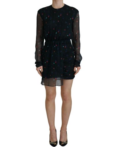 DSquared² Black Floral Silk Long Sleeves Sheath Mini Dress