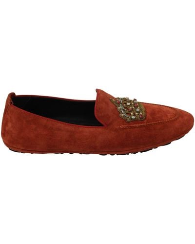 Dolce & Gabbana Orange Leather Moccasins Crystal Crown Slippers Shoes - Multicolour