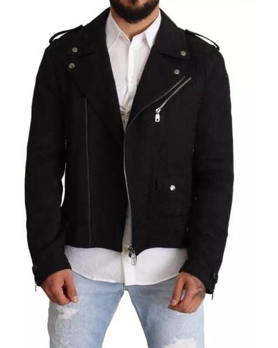 Dolce & Gabbana Black Brocade Full Zip Biker Coat Jacket