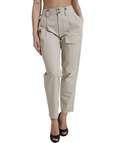 Dolce & Gabbana Beige Cotton High Waist Tapered Pants - Gray