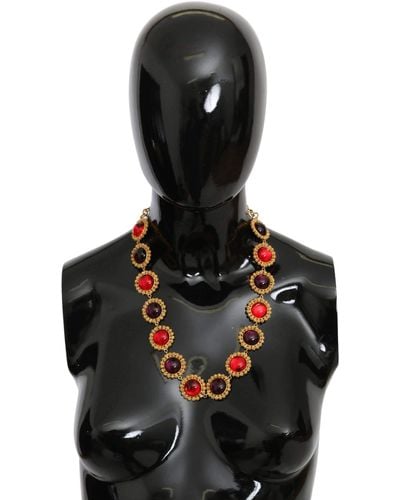 Dolce & Gabbana Red Purple Crystal Floral Chain Statement Gold Brass Necklace - Black