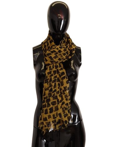 Dolce & Gabbana Yellow Patterned 100% Silk Wrap Shawl Scarf - Black