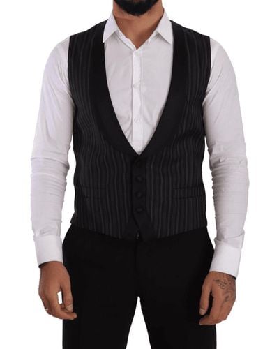 Dolce & Gabbana Black Striped Wool Silk Waistcoat Vest