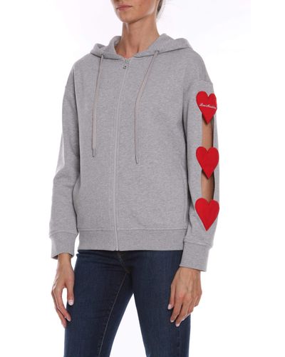 Love Moschino Embroidered Heart Cotton Sweatshirt With Hood And Zip Closure - Gray