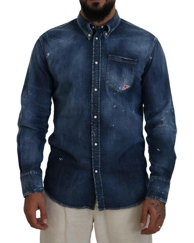 DSquared² Dsqua2 Washed Colla Men Casual Long Sleeves Shirt - Blue